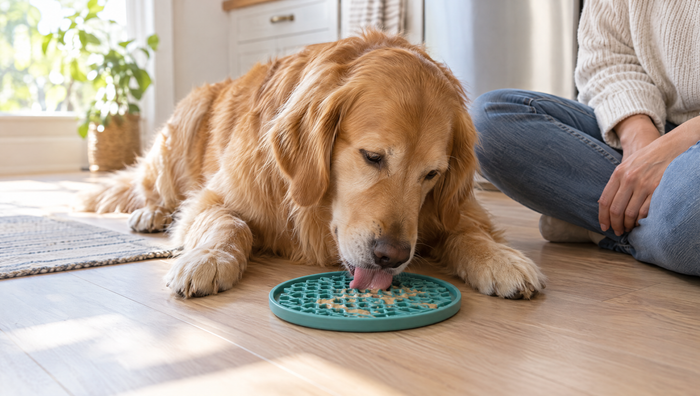Golden retriever lying on a kitchen floor licking a thin layer of soft food from a teal dog lick mat while its owner sits beside it