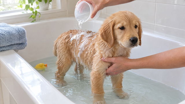 A golden retriever puppy standing in shallow lukewarm bath water while one hand steadies her chest and the other pours water over her back