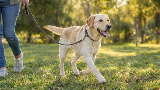 Lean yellow Labrador Retriever trotting on a leash across a sunny park beside its owner
