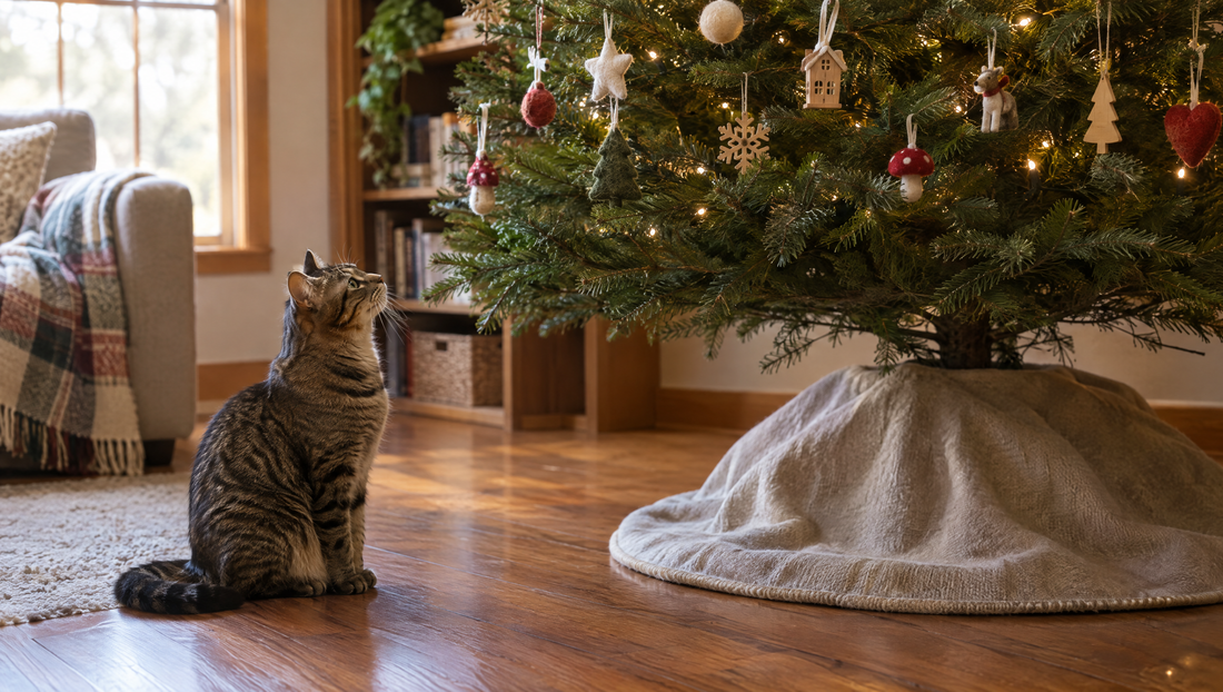 A tabby cat looking up at a Christmas tree decorated with felt and wooden ornaments, no tinsel, with a fabric skirt covering the tree stand