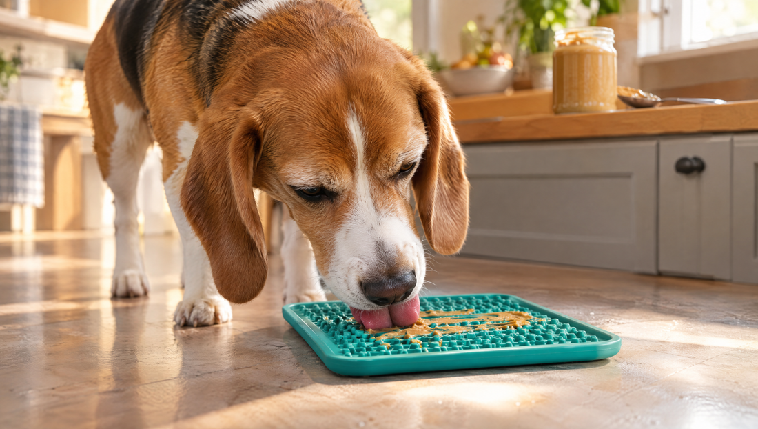 Beagle licking a thin smear of plain peanut butter from a teal lick mat on a sunny kitchen floor