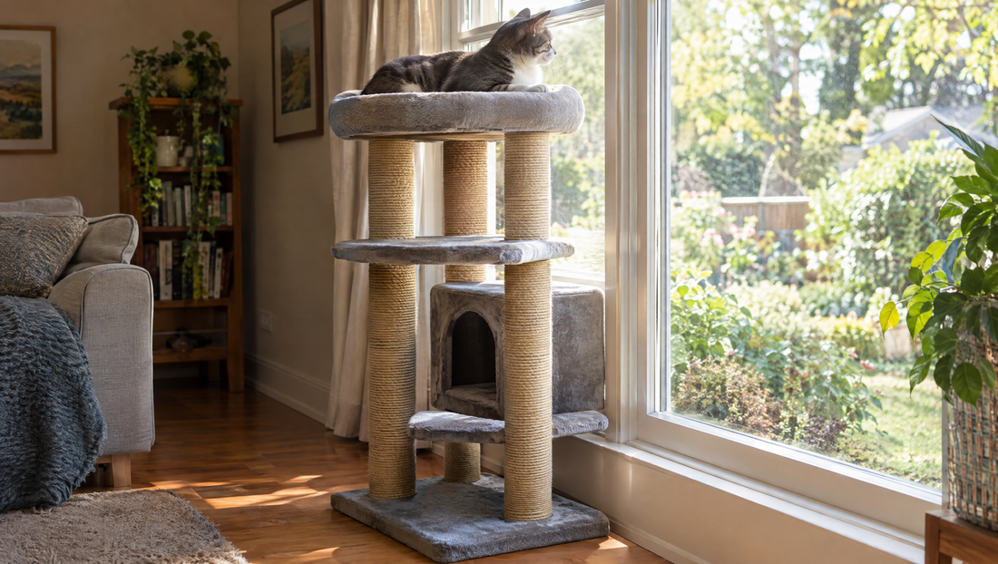 A gray and white cat resting on the padded top perch of a sturdy sisal cat tree beside a sunny window, looking out at the garden