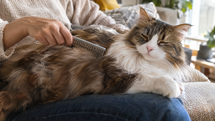 Relaxed long-haired cat lying on a person's lap with eyes half closed while its back is gently combed with a metal cat comb