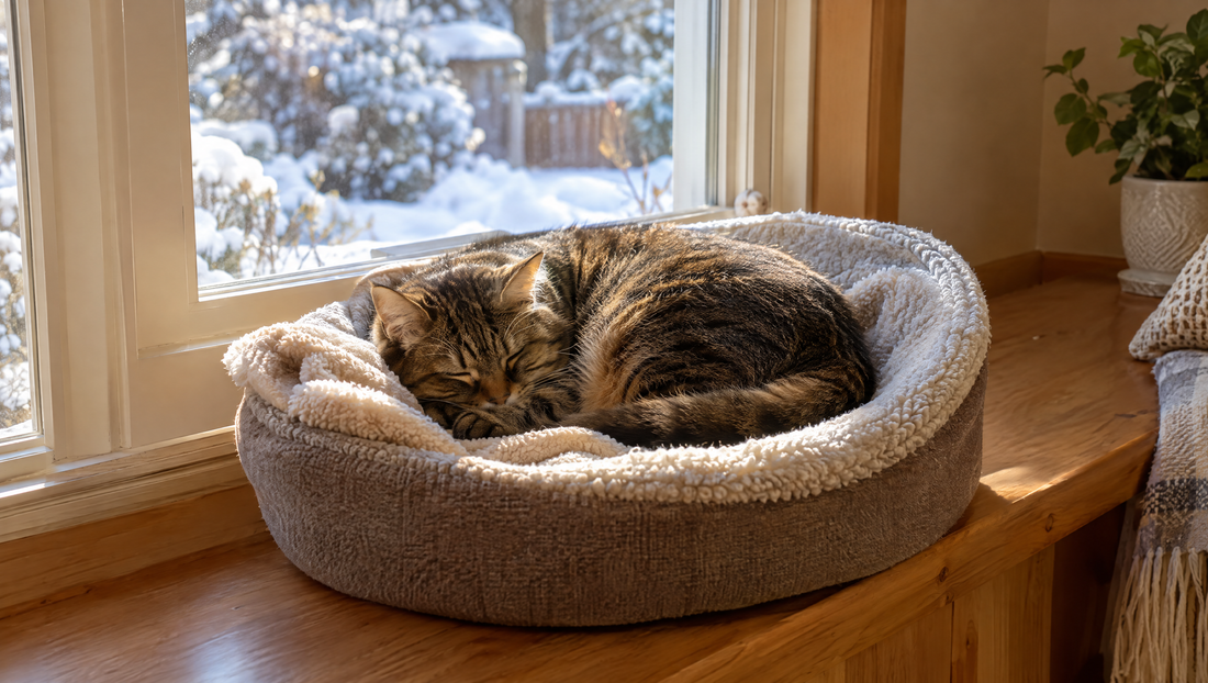 A tabby cat asleep in a fleece-lined bed on a raised window bench in winter sunshine, snow outside