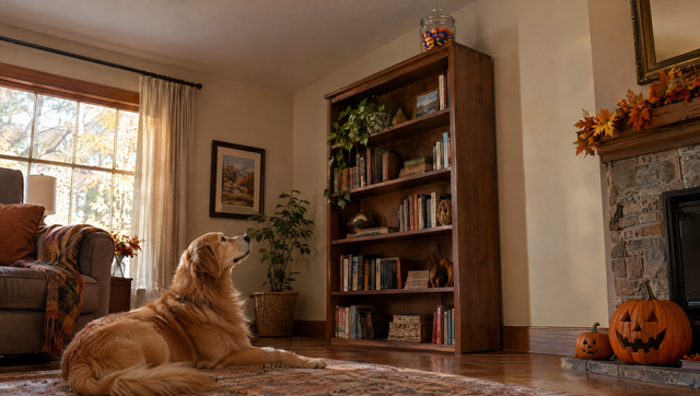 Golden retriever resting on a rug looking up at a jar of Halloween candy stored on top of a tall bookcase, out of reach