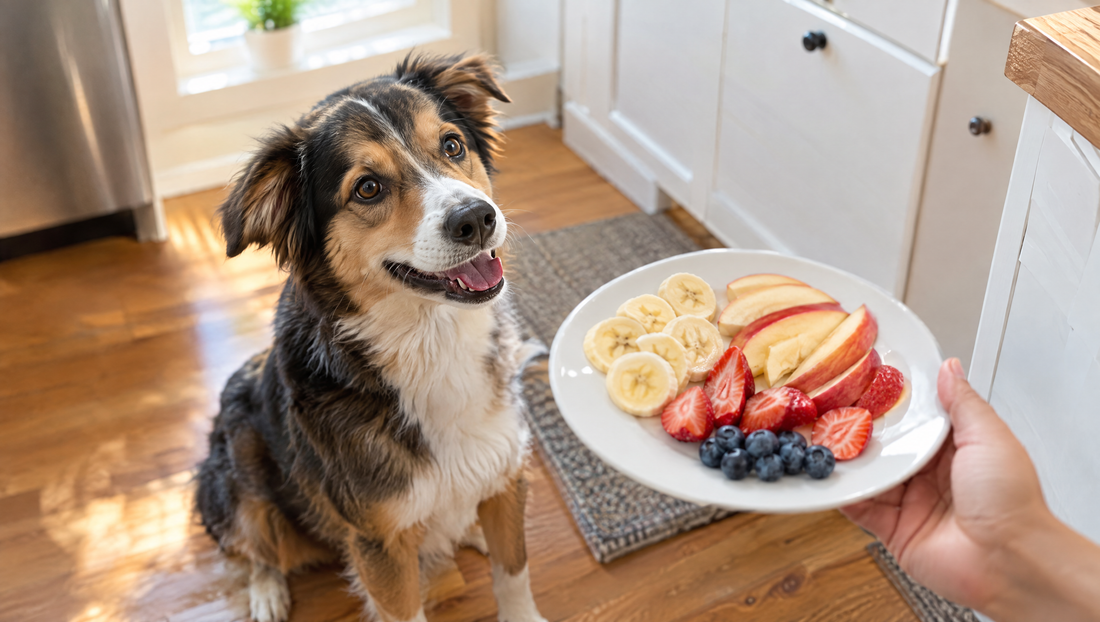 Dog sitting on a kitchen floor looking up at a plate of dog-safe fruit: banana slices, cored apple slices, halved strawberries and blueberries