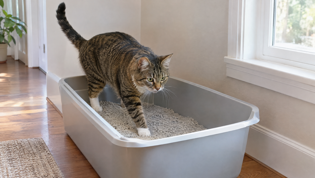 Tabby cat stepping into a large open litter box with a shallow layer of fine gray clumping cat litter in a quiet corner by a window