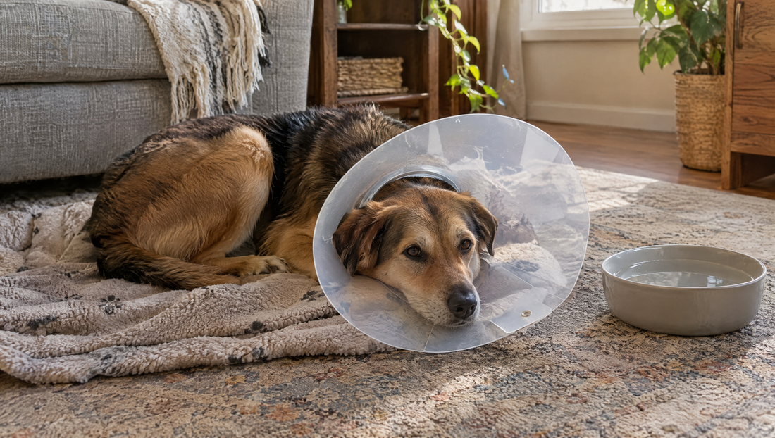 Mixed-breed dog resting on a blanket at home in a clear dog cone, with a wide water bowl beside it