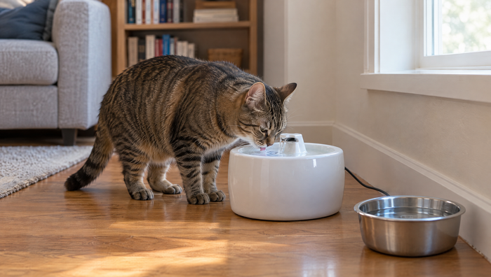 Tabby cat drinking from a white ceramic cat water fountain on a wooden floor, with a plain steel water bowl set out beside it