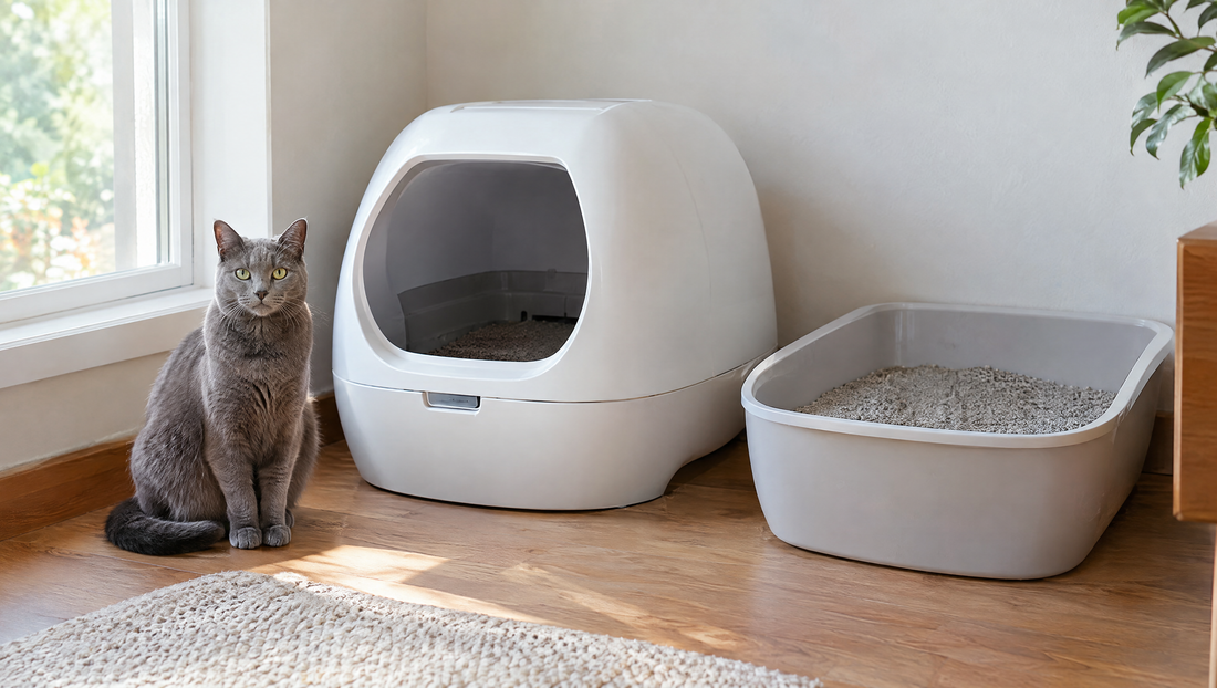 Gray cat sitting next to a white self cleaning litter box set up beside its familiar open litter box in a quiet sunlit corner