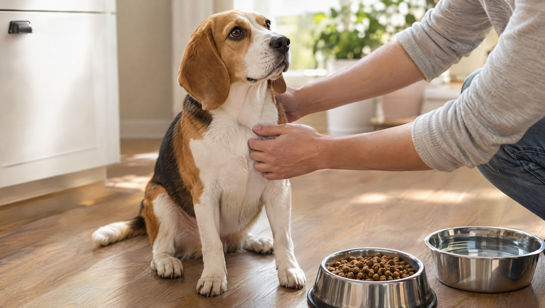 Healthy beagle sitting beside bowls of kibble and water while its owner gently checks it in a sunny kitchen