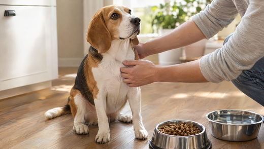 Healthy beagle sitting beside bowls of kibble and water while its owner gently checks it in a sunny kitchen