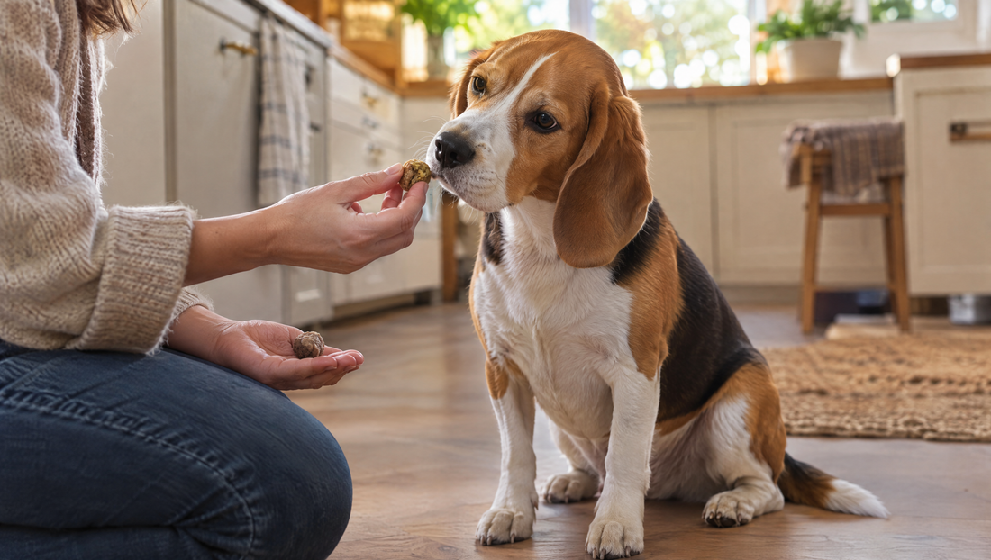 Beagle sitting on a kitchen floor sniffing a small ball of soft food offered by its owner, a second ball ready in the other hand