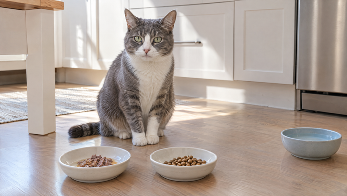 Gray and white cat sitting on a kitchen floor beside a small dish of wet cat food and a dish of dry kibble, with a water bowl set apart