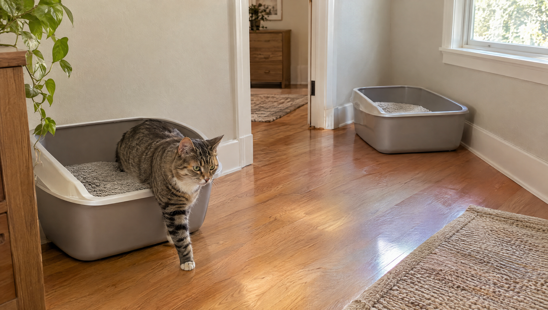 Tabby cat stepping out of a large open cat litter box, with a second box placed in a separate spot down the hallway