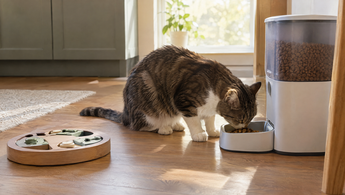 Cat eating a small portion of kibble from an automatic cat feeder, with a puzzle feeder on the floor nearby