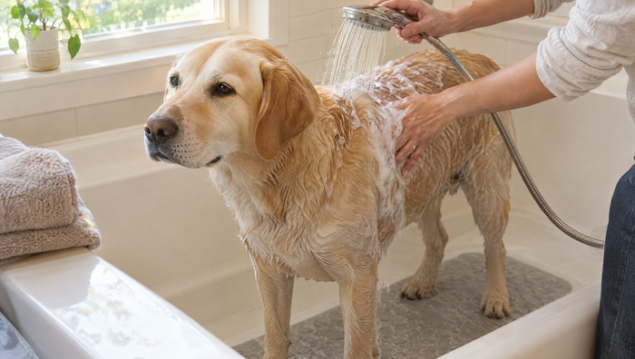 An adult Labrador standing on a non-slip mat in a bathtub while a hand-held shower rinses dog shampoo off his back, keeping his face dry