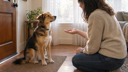 A calm shepherd-mix dog sits quietly on a mat beside the front door while its owner kneels and offers a small food reward