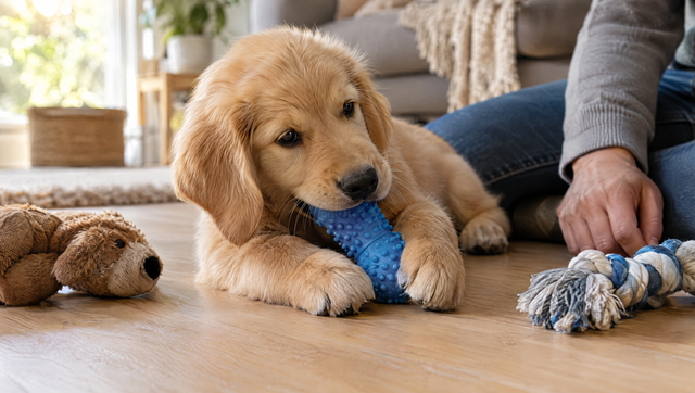 Golden retriever puppy chewing a soft blue rubber toy on a wooden floor, with a plush toy and rope toy nearby and its owner close by