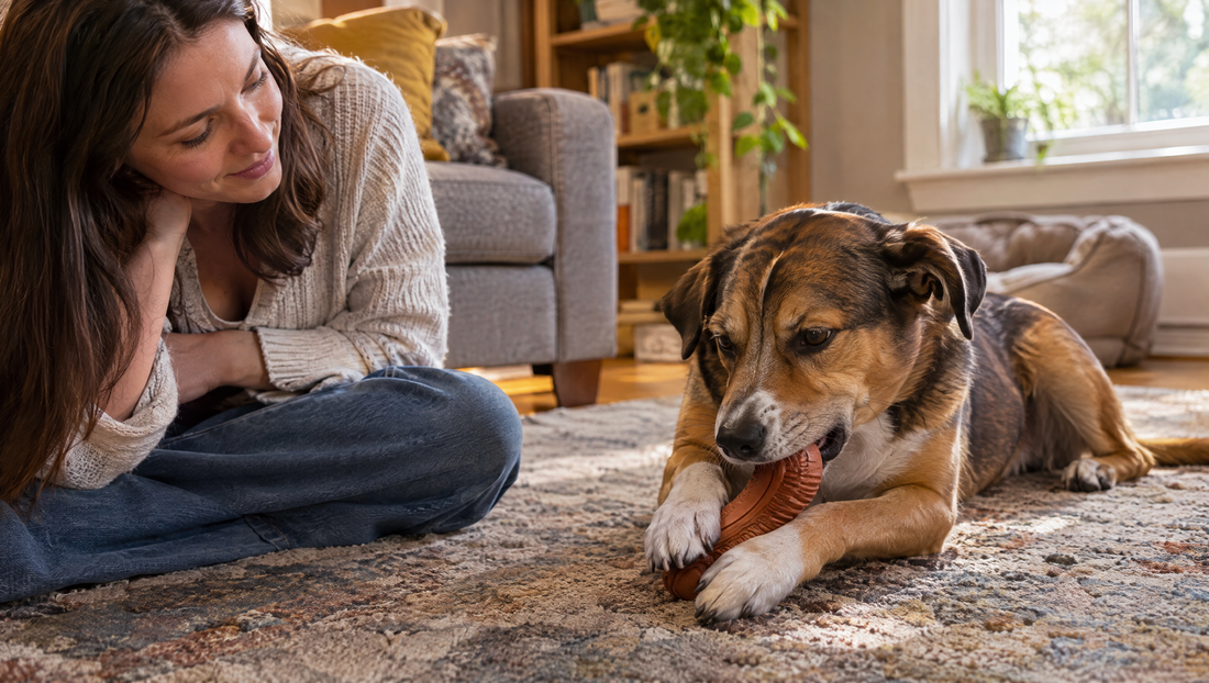 A mixed-breed dog lying on a rug chewing a flexible rubber chew toy while his owner sits nearby watching