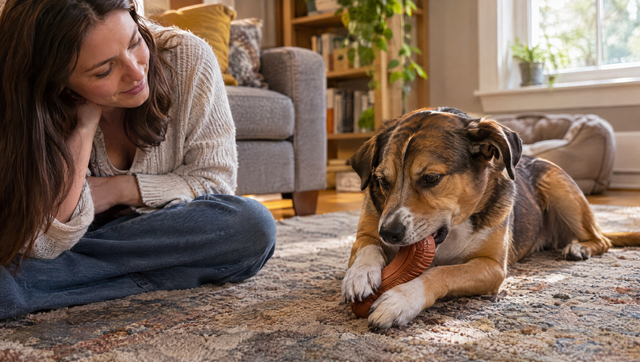 A mixed-breed dog lying on a rug chewing a flexible rubber chew toy while his owner sits nearby watching
