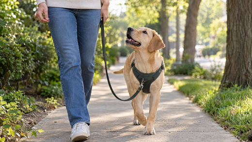 A young Labrador walks beside its owner on a loose leash clipped to the front of a no pull dog harness on a sunny sidewalk