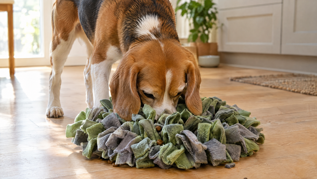 Beagle sniffing through a green and gray fleece snuffle mat for dogs to find hidden pieces of dry kibble