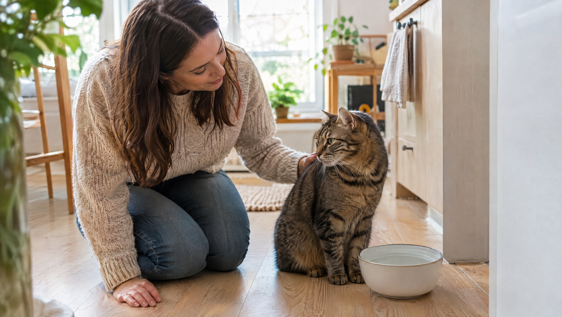 A woman kneels on a kitchen floor gently stroking a calm tabby cat sitting beside a bowl of fresh water