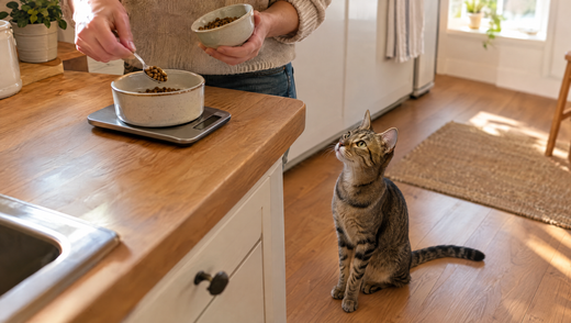 A person weighs a portion of dry cat food on a kitchen scale while a lean tabby cat watches from the floor