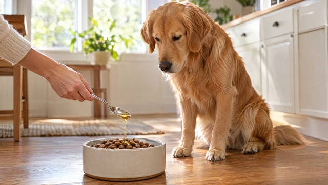 A hand drizzles a small teaspoon of salmon oil for dogs over a bowl of kibble while a golden retriever sits and waits