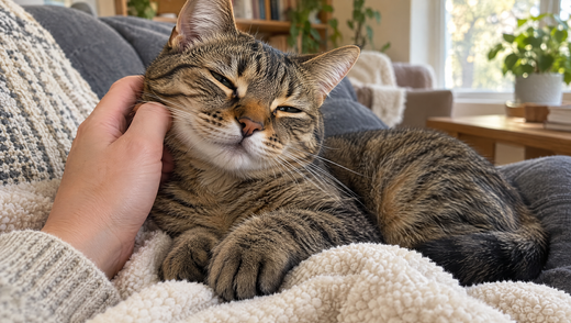 A relaxed tabby cat lying on a cream blanket with eyes half-closed while a person gently strokes its cheek