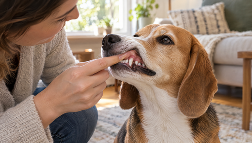 A woman gently lifts a calm beagle's lip to check its teeth and gums at home