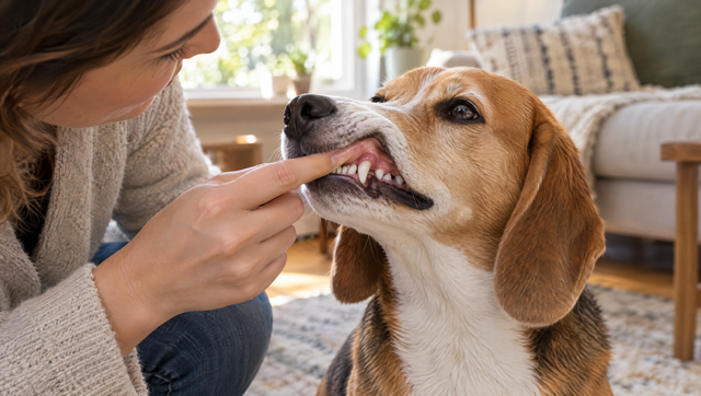 A woman gently lifts a calm beagle's lip to check its teeth and gums at home