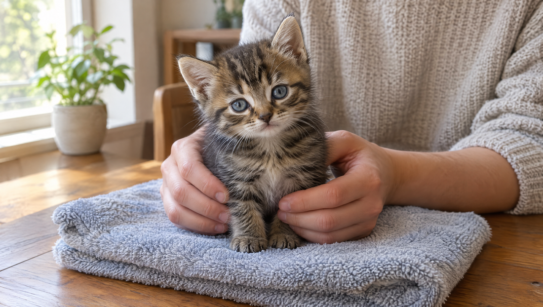 A young tabby kitten with blue-gray eyes sitting on a folded towel, gently supported by a person's hands, for a kitten age chart guide