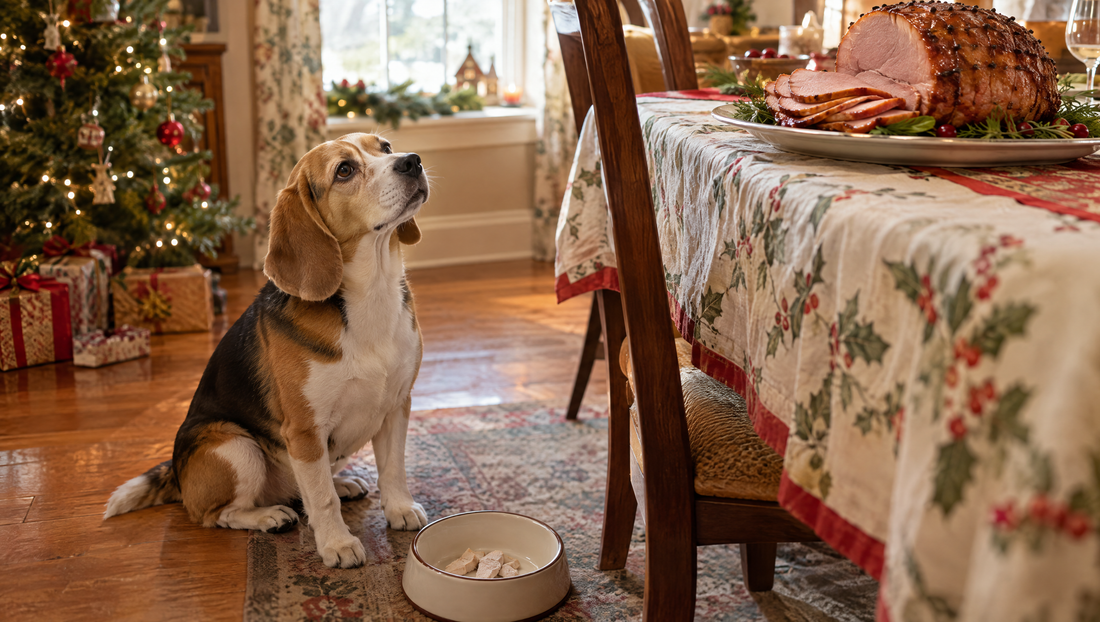 Beagle sitting by a Christmas dinner table, looking up at a glazed ham out of reach, with a bowl of plain cooked meat at its paws