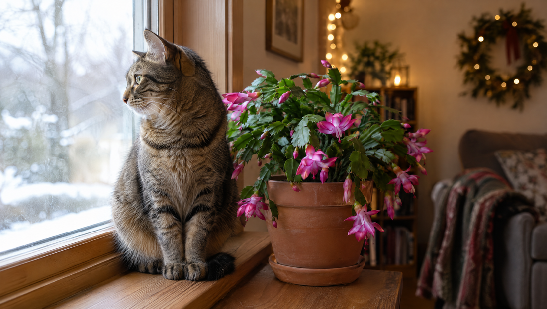 Tabby cat on a snowy-day windowsill beside a pink Christmas cactus, a cat-safe holiday plant