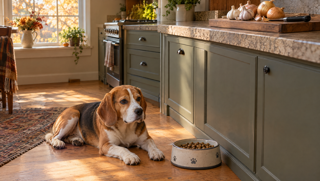A beagle resting beside its own food bowl on a kitchen floor while garlic bulbs and onions sit high on the counter, out of reach