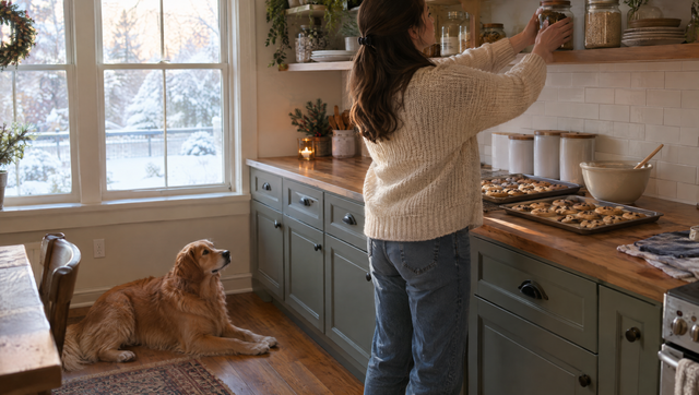 Golden retriever resting on a kitchen floor while its owner stores baking jars on a high shelf during holiday baking