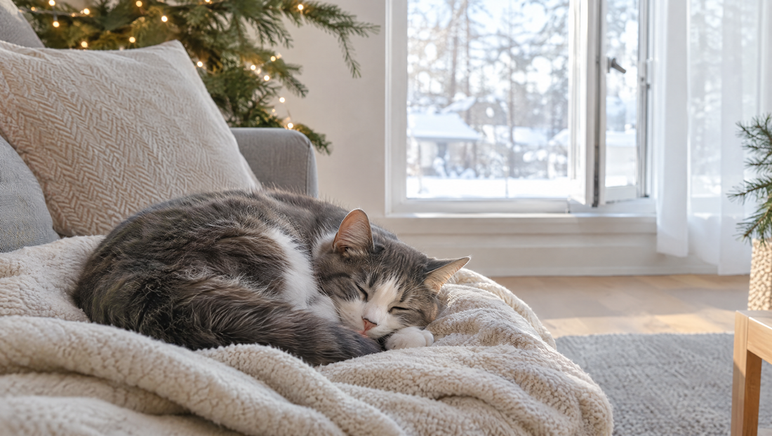 Gray and white cat asleep on a blanket in a bright winter living room with a window open for fresh air