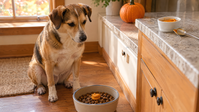 A dog sitting beside a bowl of kibble topped with a small spoonful of plain pumpkin for dogs, in a sunny kitchen