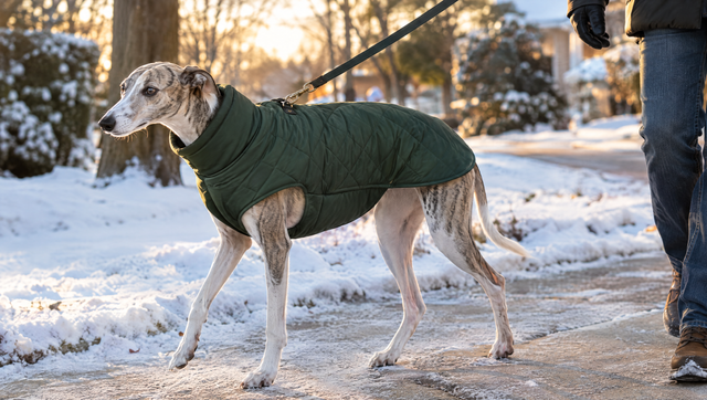 A short-coated whippet on a leash wearing a fitted green dog winter coat with a high collar on a snowy sidewalk