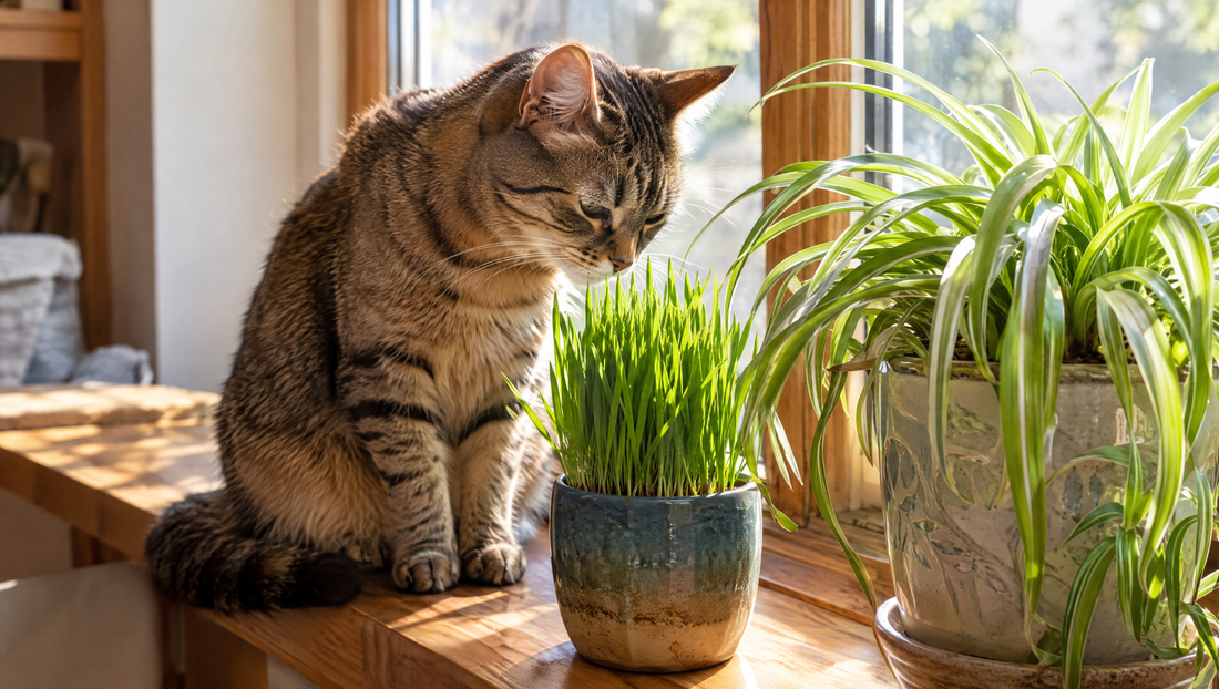 Tabby cat sniffing a pot of oat grass beside a spider plant, two plants safe for cats, on a sunny windowsill