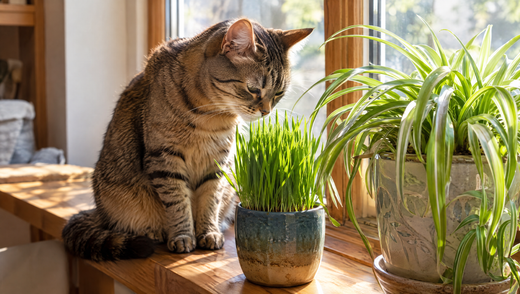 Tabby cat sniffing a pot of oat grass beside a spider plant, two plants safe for cats, on a sunny windowsill