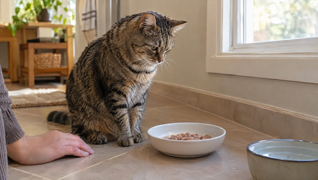 Tabby cat looking at a wide, shallow bowl of wet food in a quiet kitchen corner, a cat not eating being gently encouraged