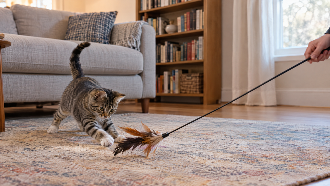 Tabby kitten pouncing on a feather wand toy held at a distance, so play never involves hands