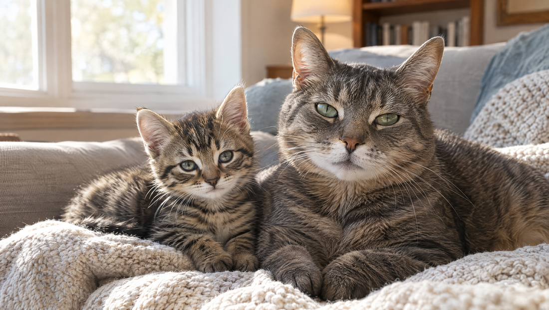 A tabby kitten and an older gray tabby cat resting side by side on a knit blanket, two ends of the cat years to human years chart