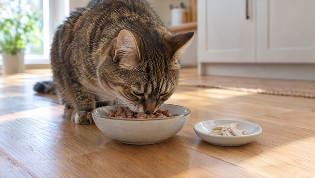 Tabby cat eating wet cat food from a bowl on a kitchen floor, with a small saucer of plain cooked chicken beside it
