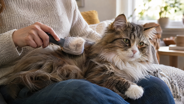 Relaxed long-haired tabby cat on a lap being gently brushed, loose fur collecting on the brush to help reduce cat hairballs