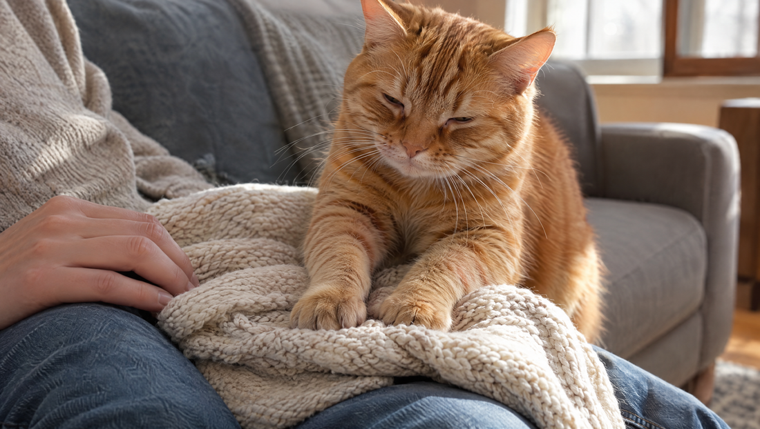 A content orange tabby cat with half-closed eyes kneading a thick folded blanket on a person's lap