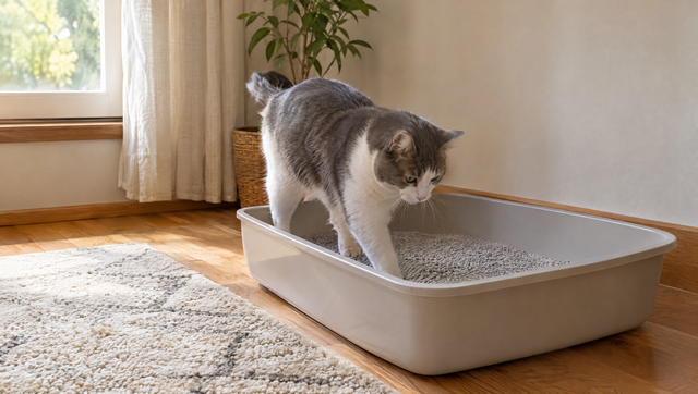 Gray and white cat stepping into a large, clean, uncovered litter box in a quiet corner of a sunny room